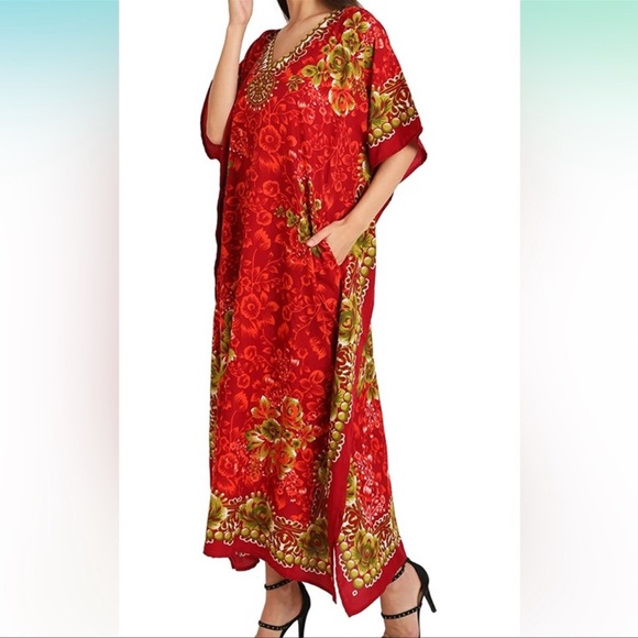 Lavish London Caftan Red Poppy Green Roses Maxi Dress Beach Cover Up Size 1X - Picture 4 of 10